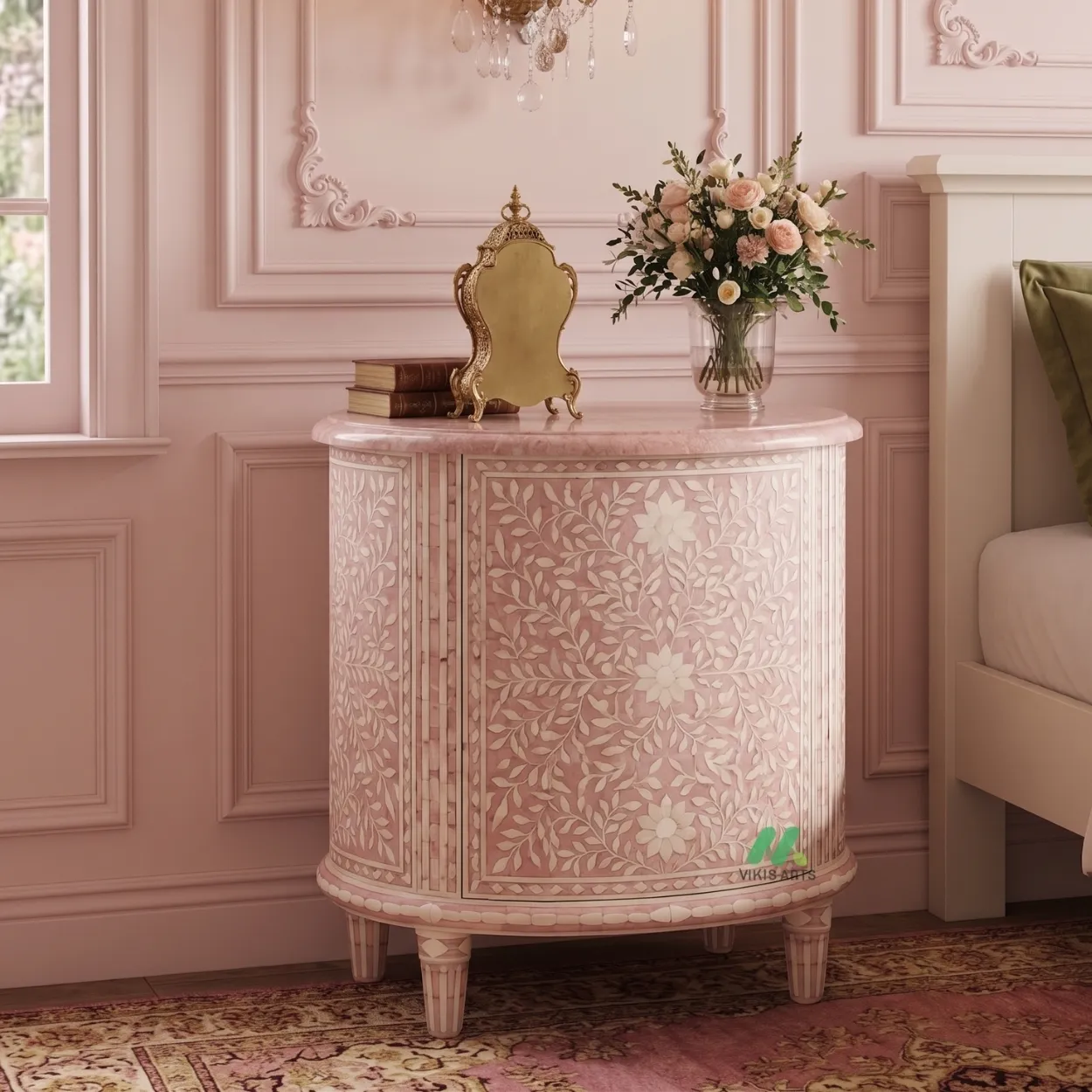 Bone Inlay Pink Round Bedside Table - Image 2