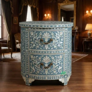 Mother Of Pearl Blue Round Bedside Table with 2 Drawer
