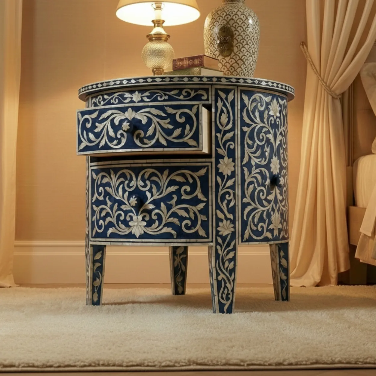 Mother Of Pearl Navy Blue Round Bedside Table with 2 Drawers - Image 3