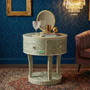 Mother Of Pearl Green Round Bedside Table with 1 Drawer