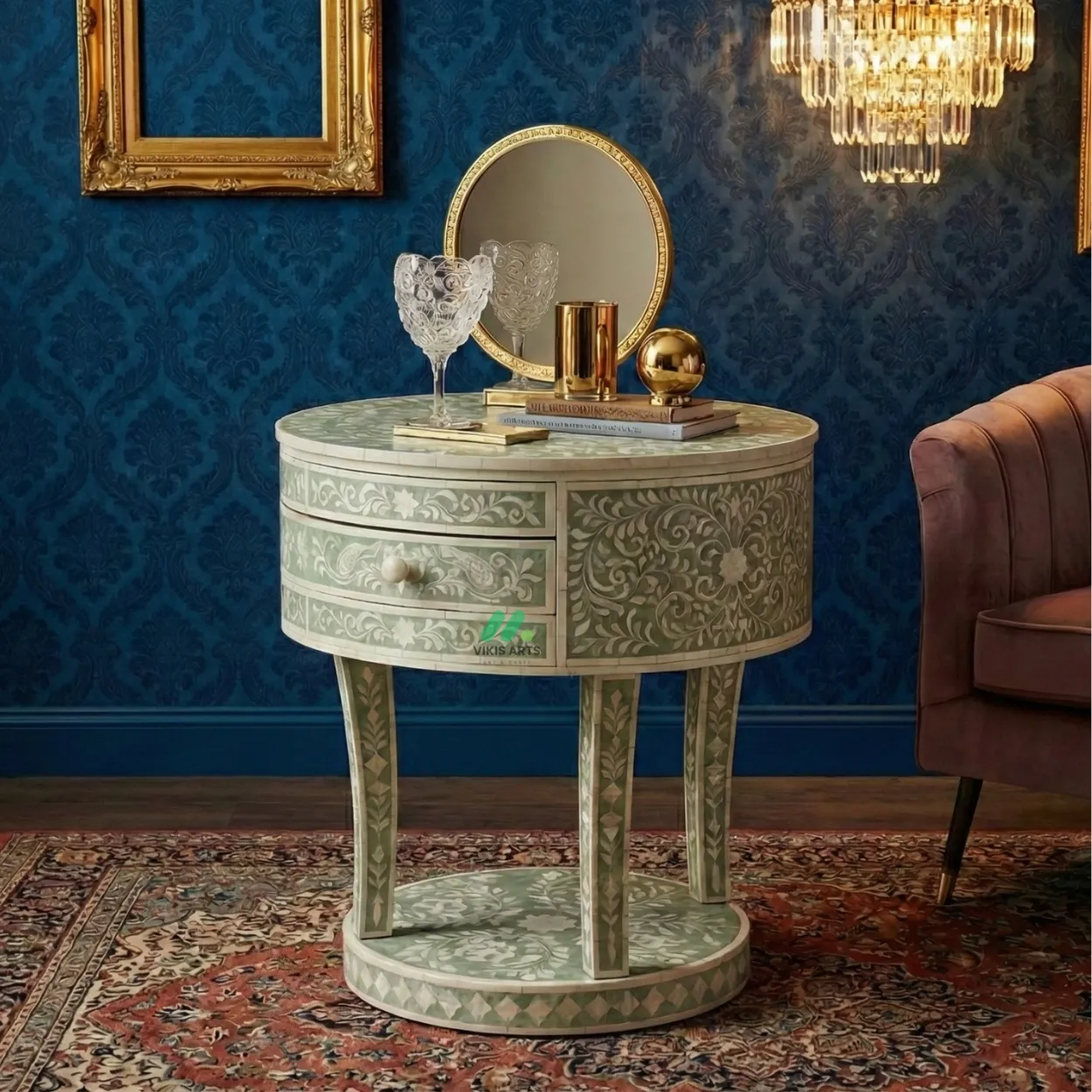 Mother Of Pearl Green Round Bedside Table with 1 Drawer