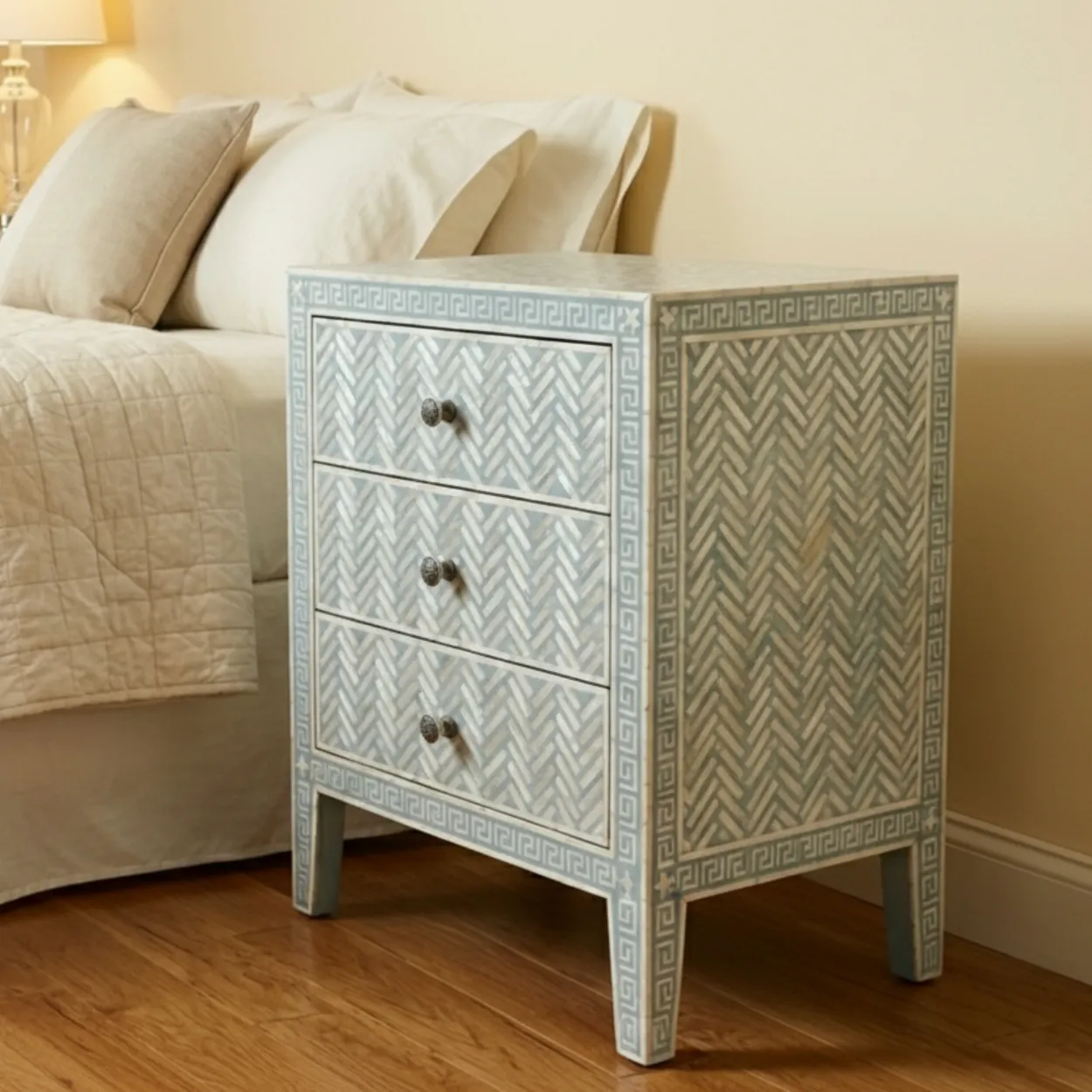 Mother Of Pearl Blue Bedside Table with 3 Drawer - Image 3