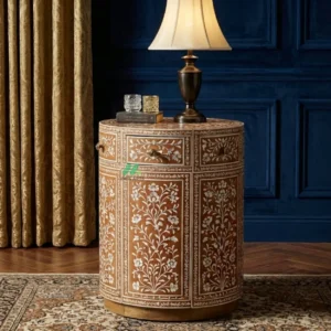 Mother Of Pearl Brown Round Bedside Table
