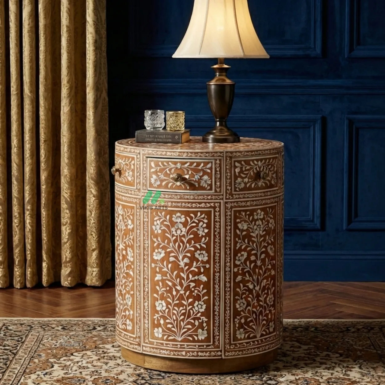 Mother Of Pearl Brown Round Bedside Table