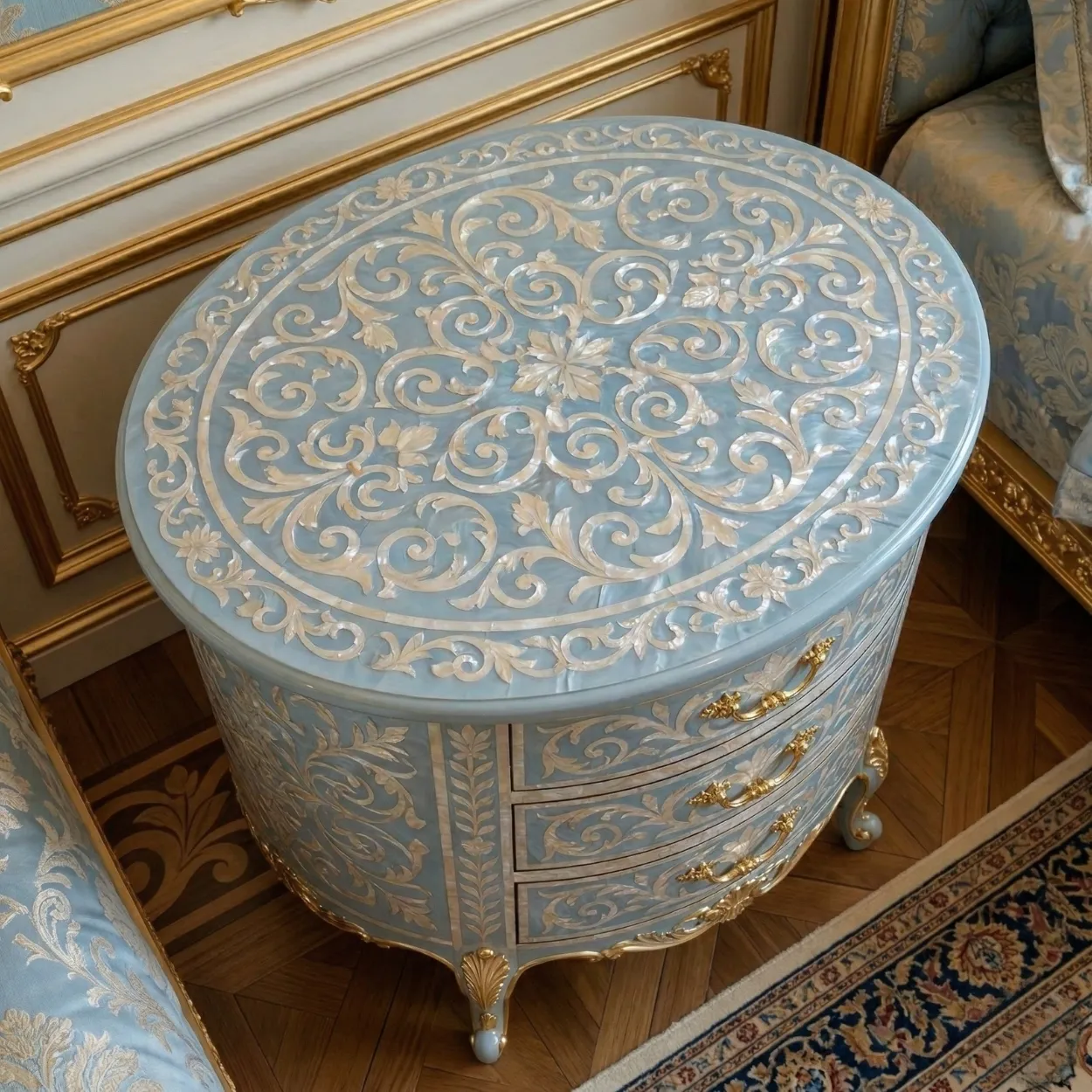 Mother Of Pearl Light Blue Round Bedside Table with 3 Drawer - Image 3