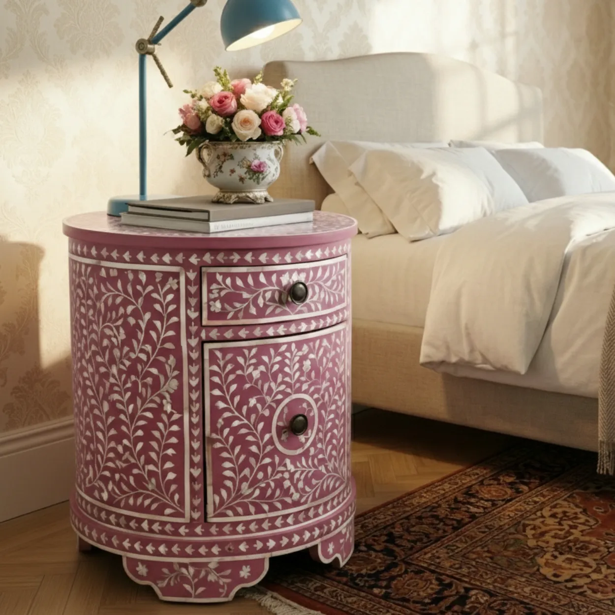 Mother Of Pearl Pink Round Bedside Table - Image 3