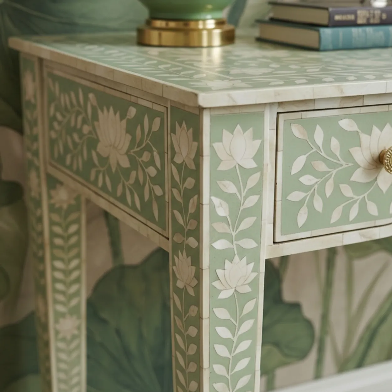 Bone Inlay Green Console Table - Image 5