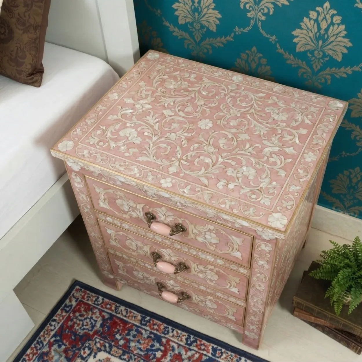 Mother Of Pearl Pink Bedside Table with 3 Drawers - Image 3