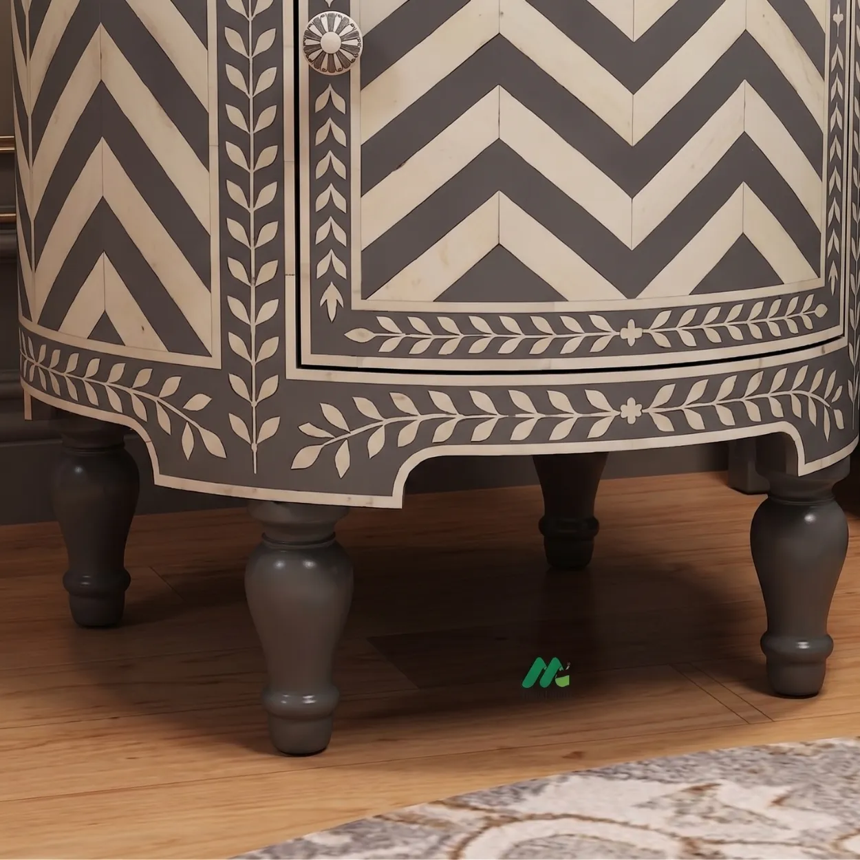 Bone Inlay Grey Round Bedside Table with 2 - Image 6