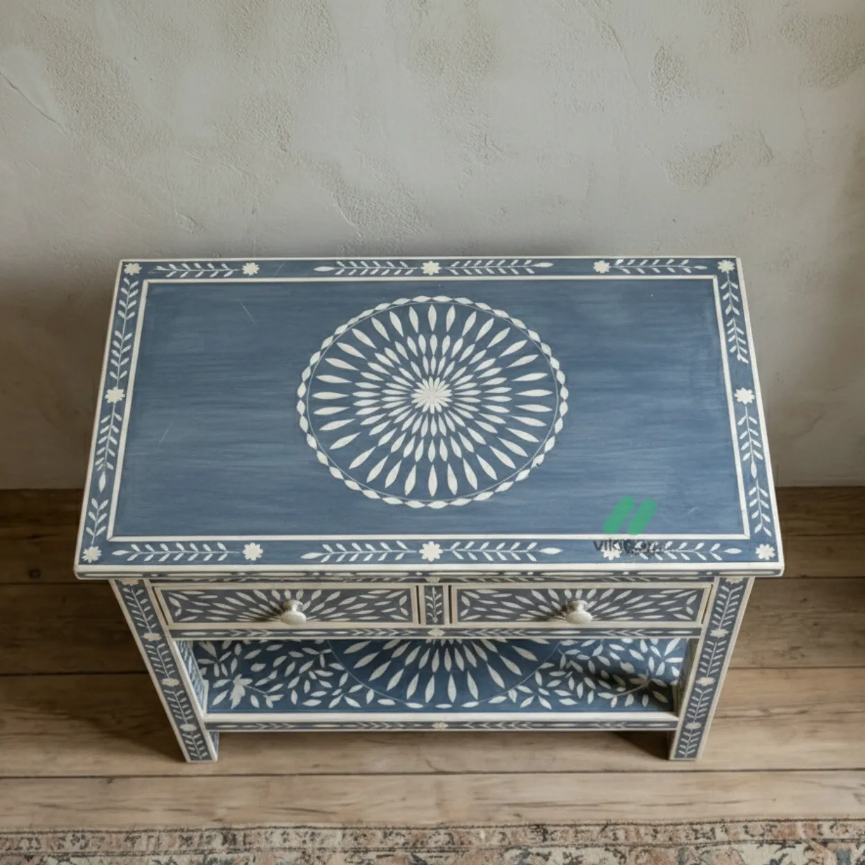 Bone Inlay Grey bedside table with 4 Drawer - Image 3