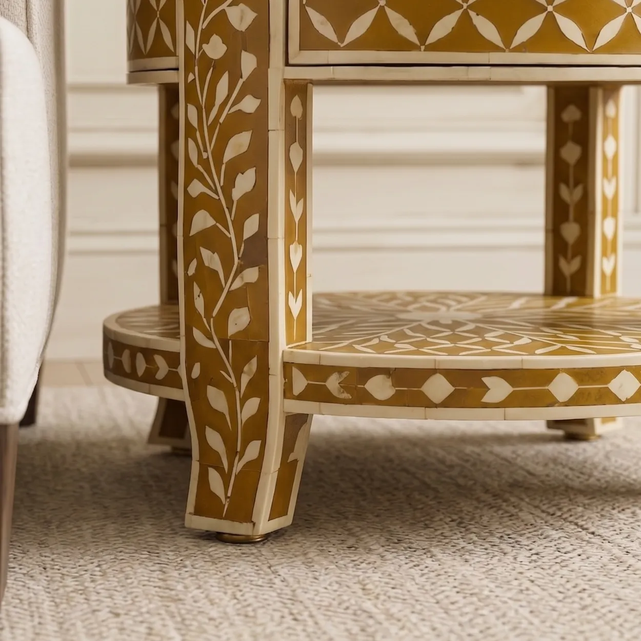 Bone Inlay Yellow Round Bedside Table - Image 6