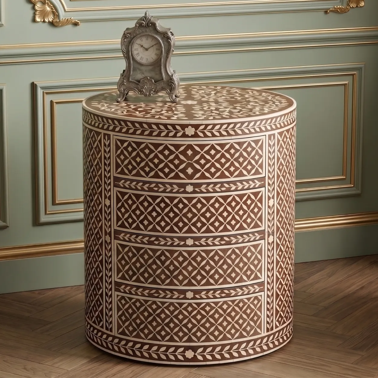 Bone Inlay Wooden Round Bedside Table - Image 2