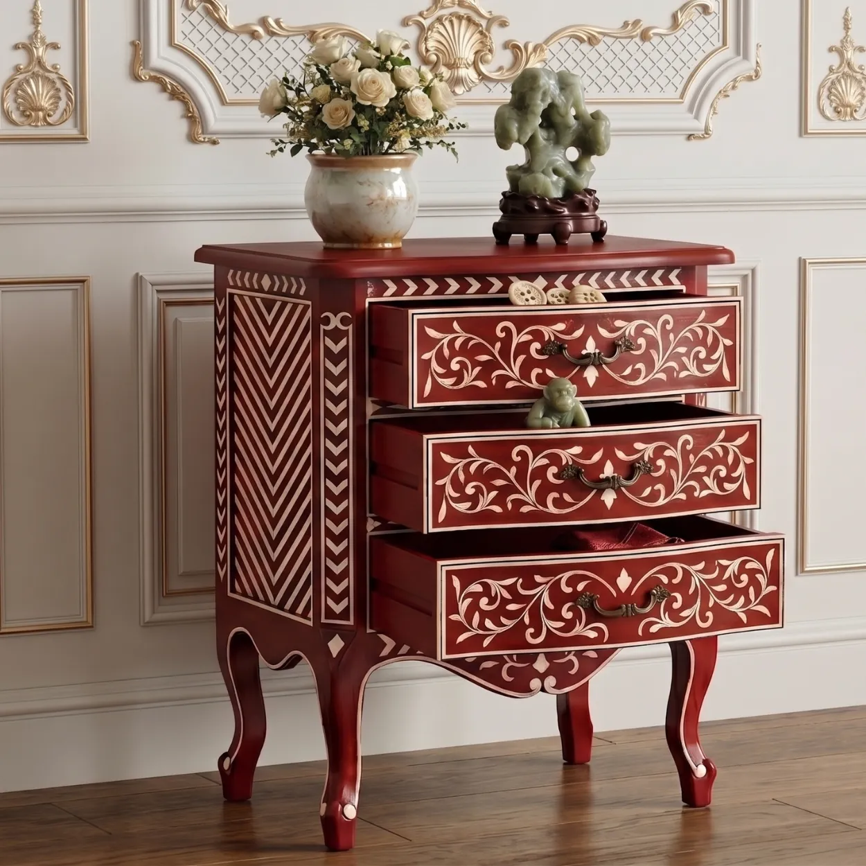 Bone Inlay Red Bedside Table - Image 5