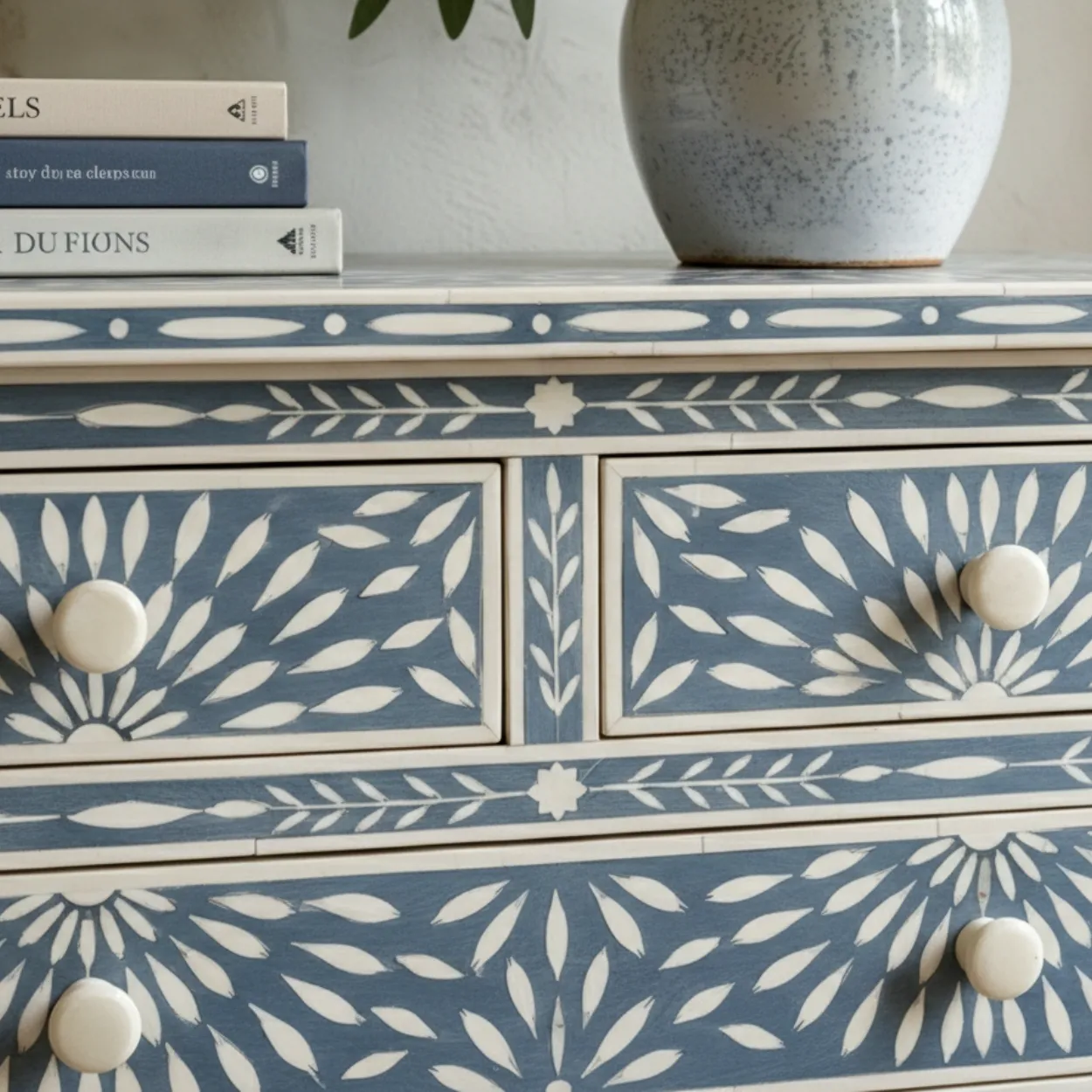 Bone Inlay Grey bedside table with 4 Drawer - Image 4