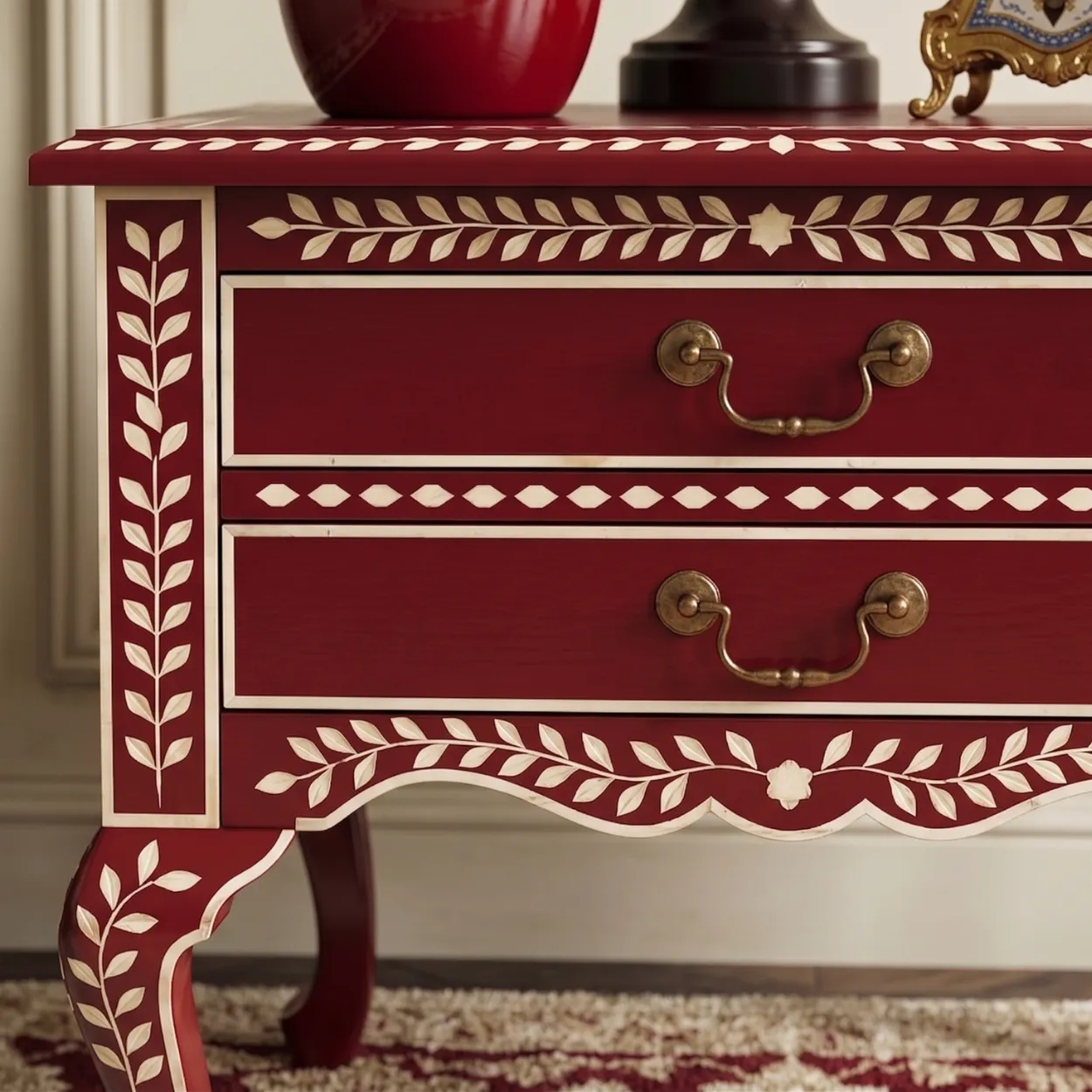 Bone Inlay Red Bedside Table - Image 6