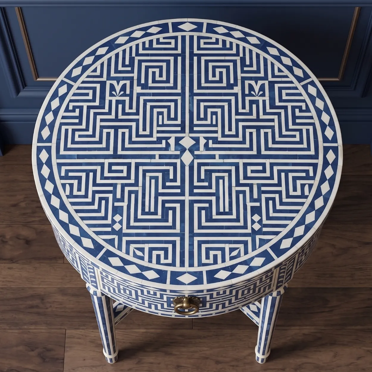 Bone Inlay Blue Round Bedside Table - Image 3
