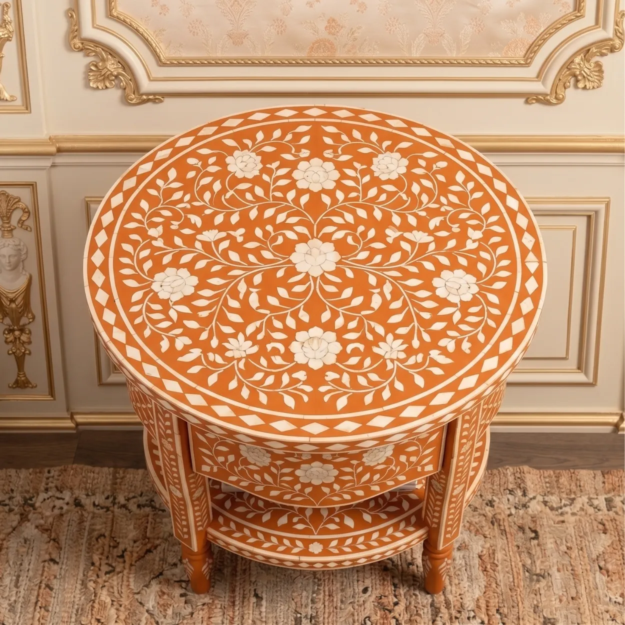 Bone Inlay Orange Bedside Table - Image 2