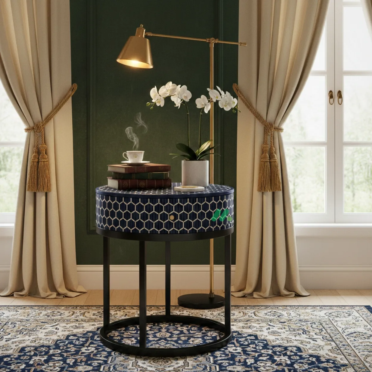 Bone Inlay Blue Round Bedside Table with 2 Drawers