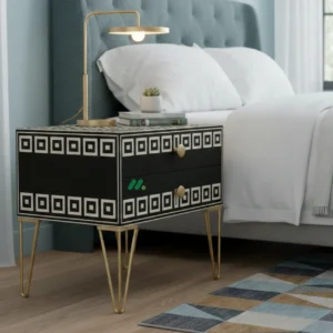 Bone Inlay Black Bedside Table with 2 Drawer