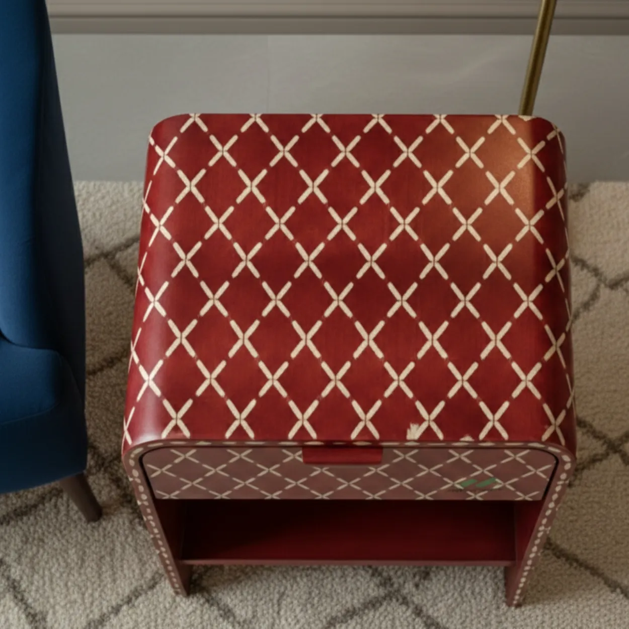 Bone Inlay Red Bedside Table - Image 2