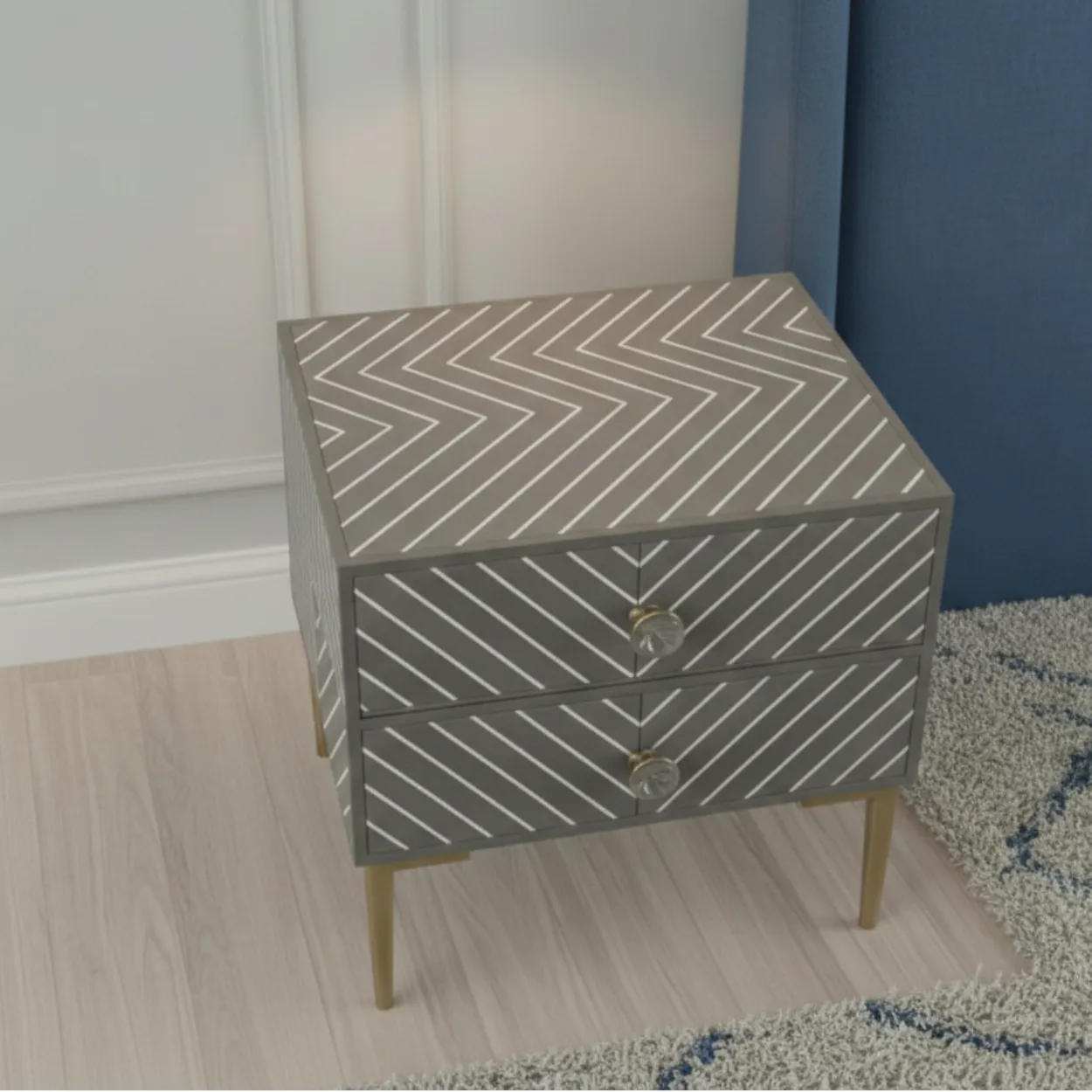 Bone Inlay Grey Bedside Table with 2 Drawer - Image 3