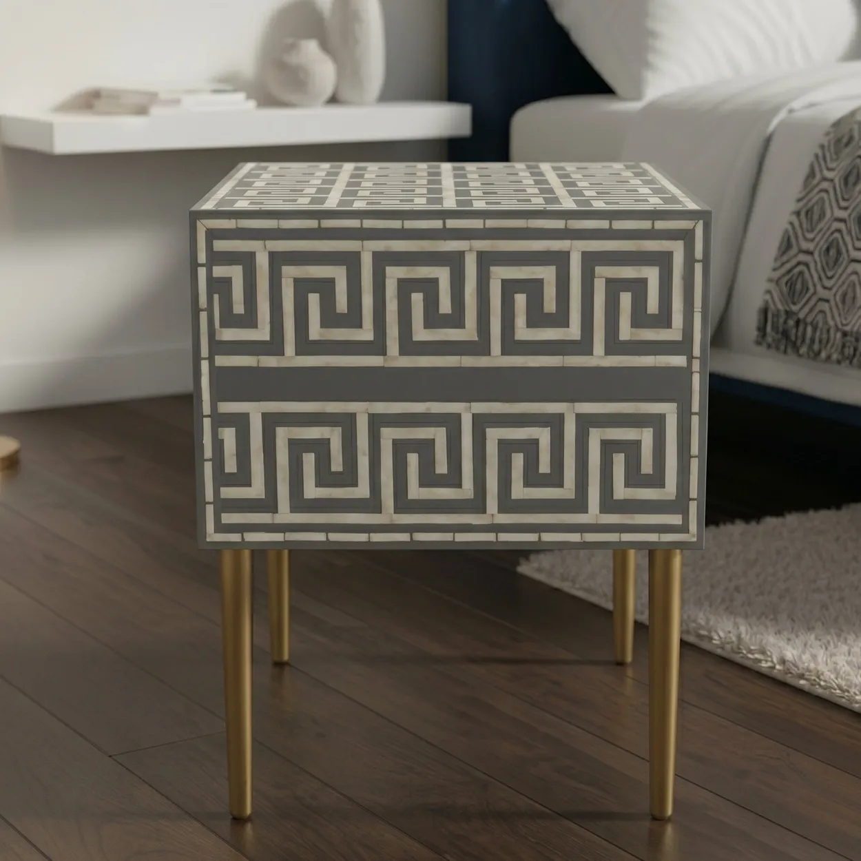 Bone Inlay Grey Bedside Table with 2 Drawer - Image 4