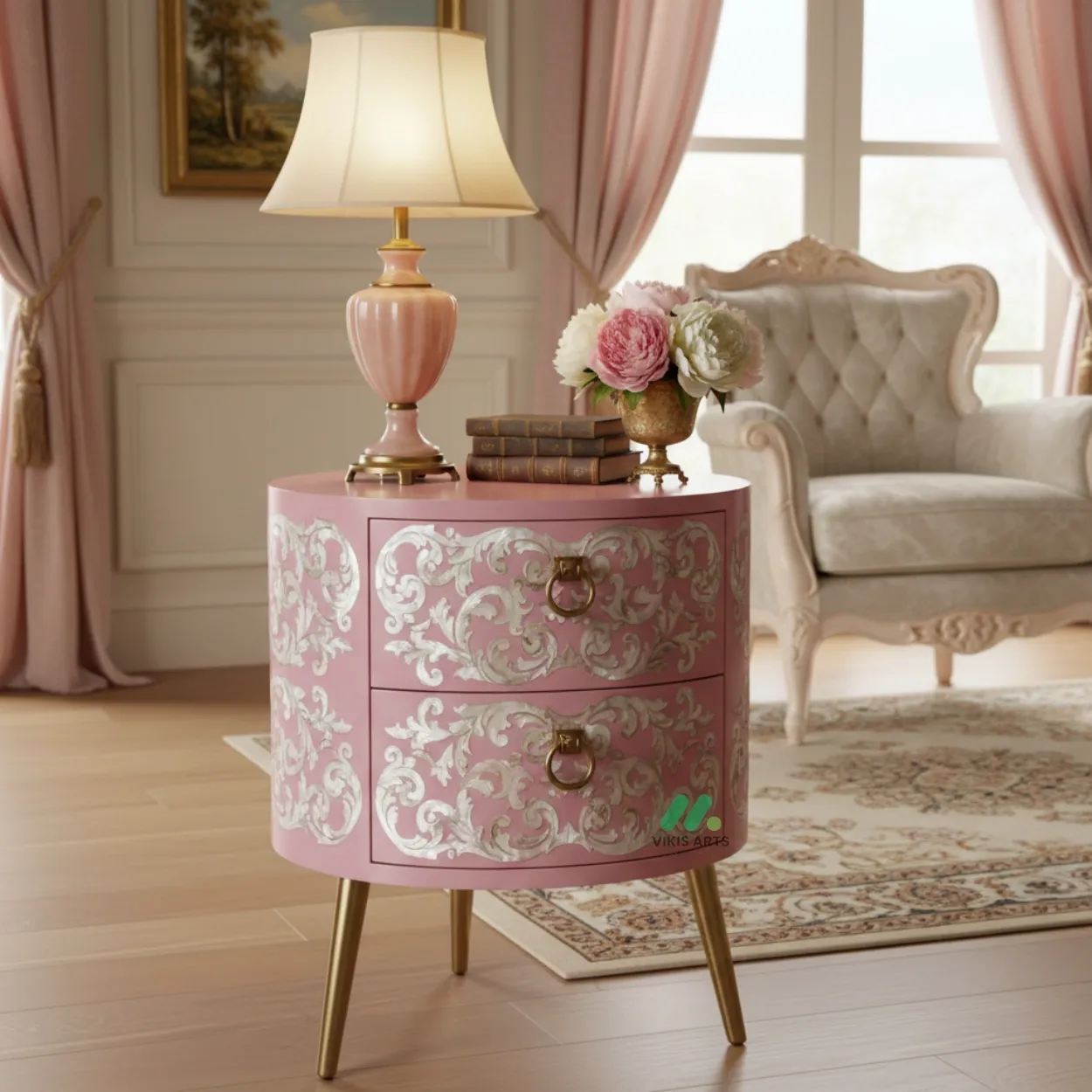 Mother of pearl Pink Round Bedside Table