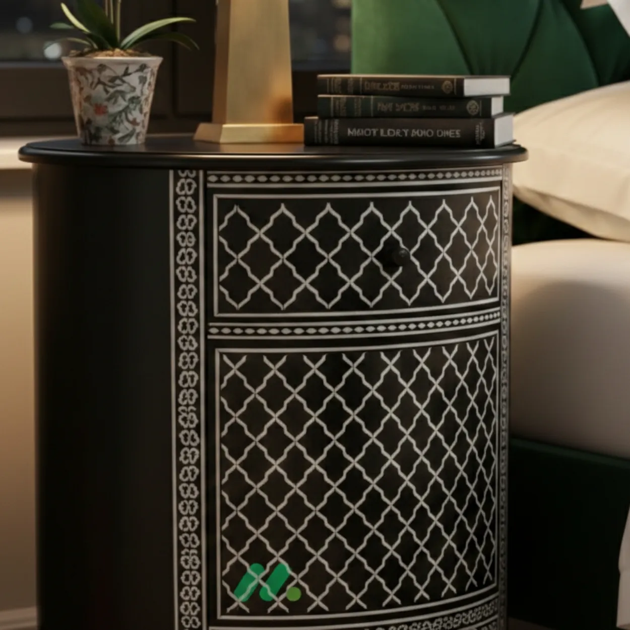 Bone Inlay Black Bedside Table with 2 Drawers - Image 5