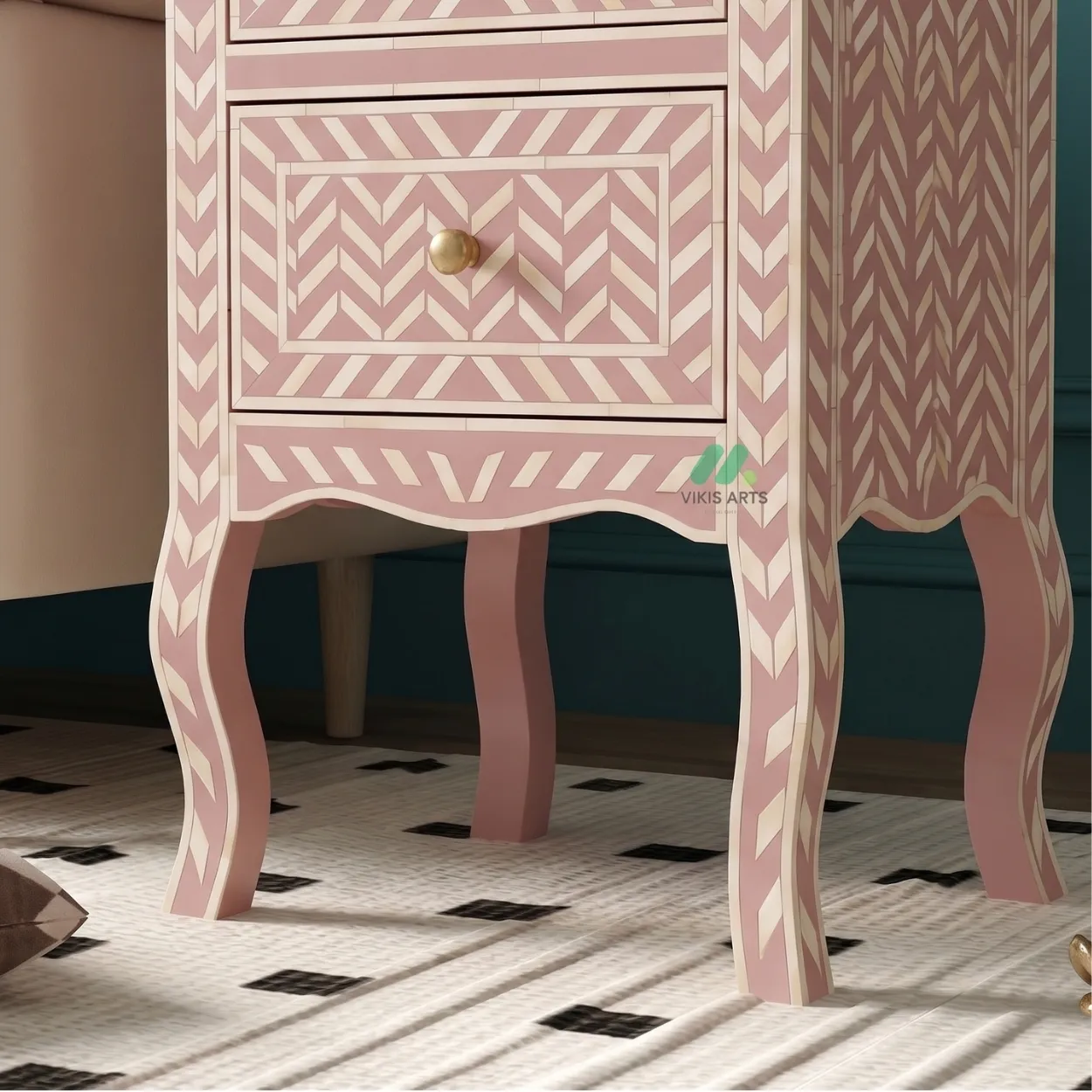 Bone Inlay Pink Bedside Table - Image 5