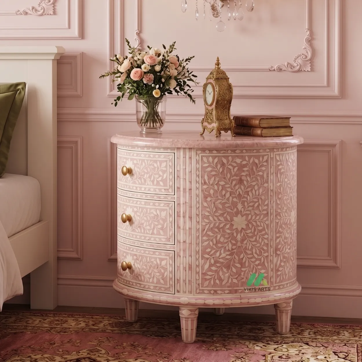 Bone Inlay Pink Round Bedside Table - Image 4