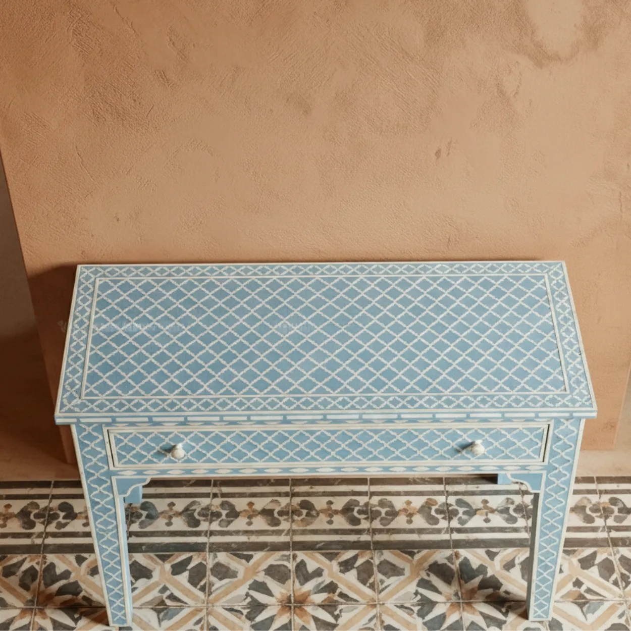 Bone Inlay Blue Console Table - Image 3