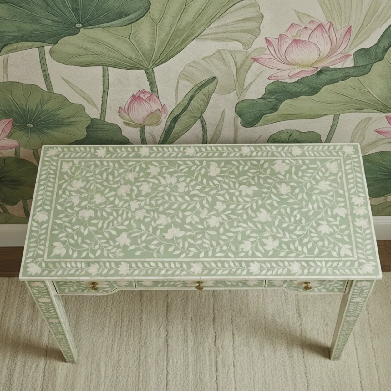 Bone Inlay Green Console Table - Image 3