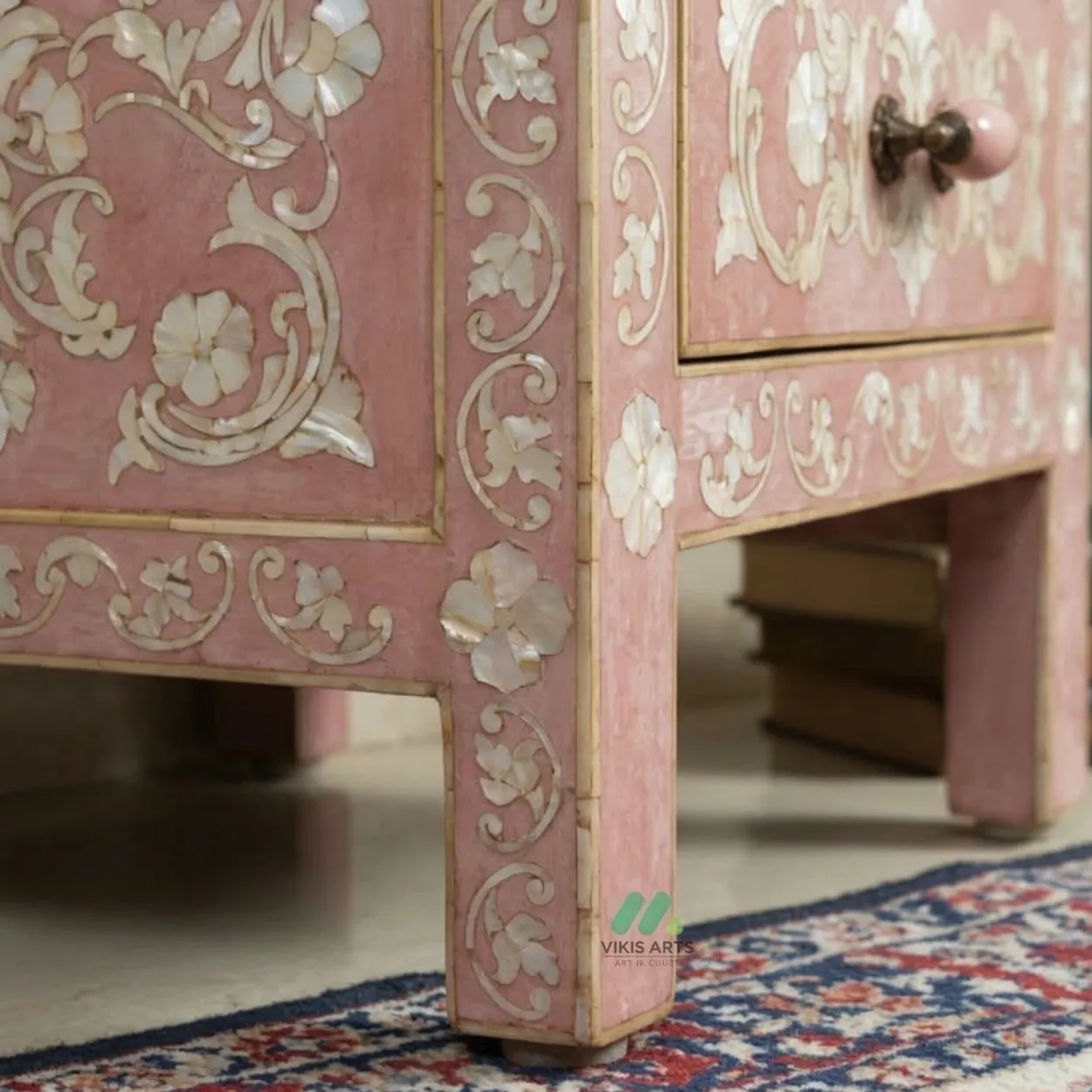 Mother Of Pearl Pink Bedside Table with 3 Drawers - Image 7