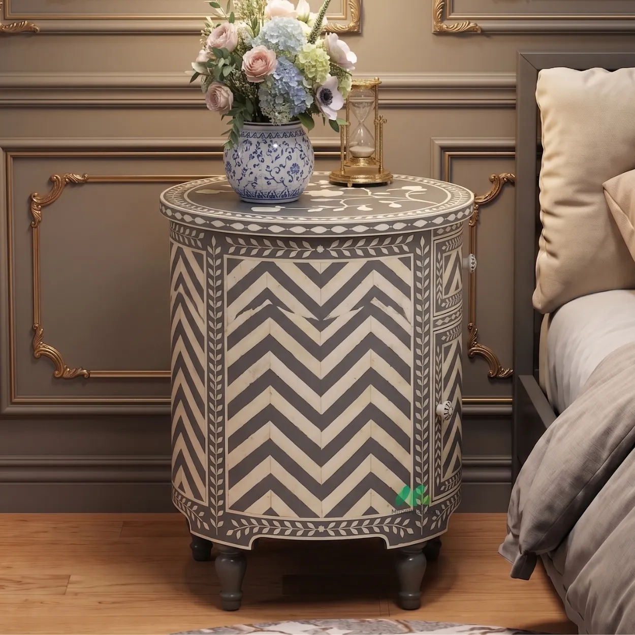 Bone Inlay Grey Round Bedside Table with 2 - Image 2