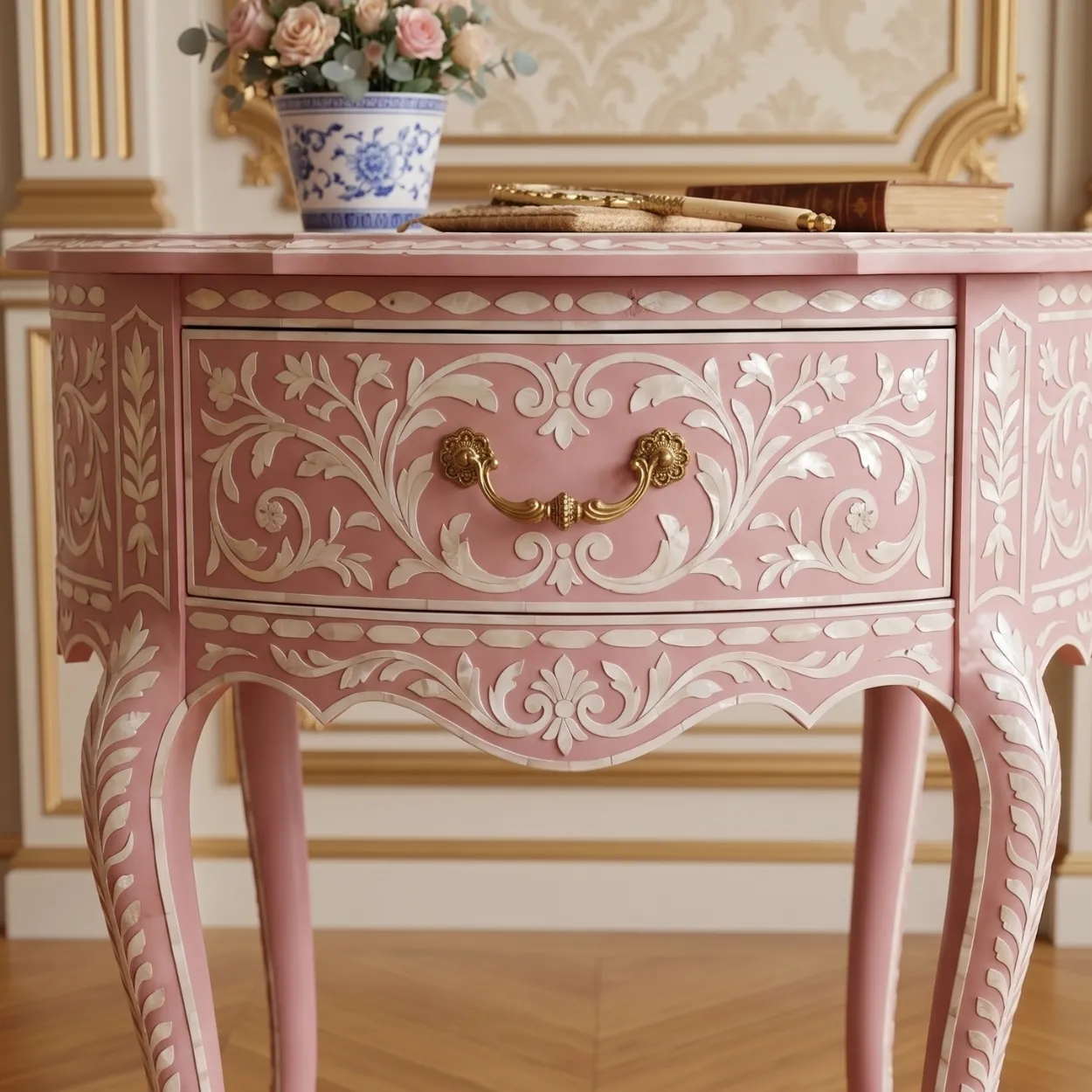 Bone Inlay Pink Round Bedside Table - Image 7
