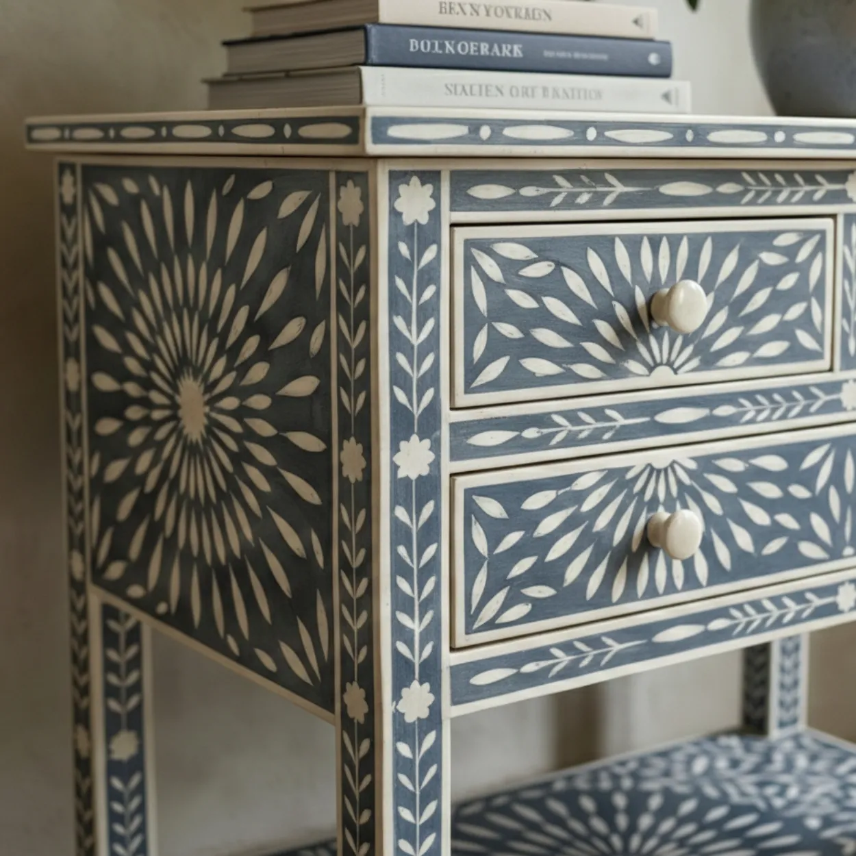 Bone Inlay Grey bedside table with 4 Drawer - Image 5