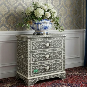 Bone Inlay Grey Bedside Table with 3 Drawer