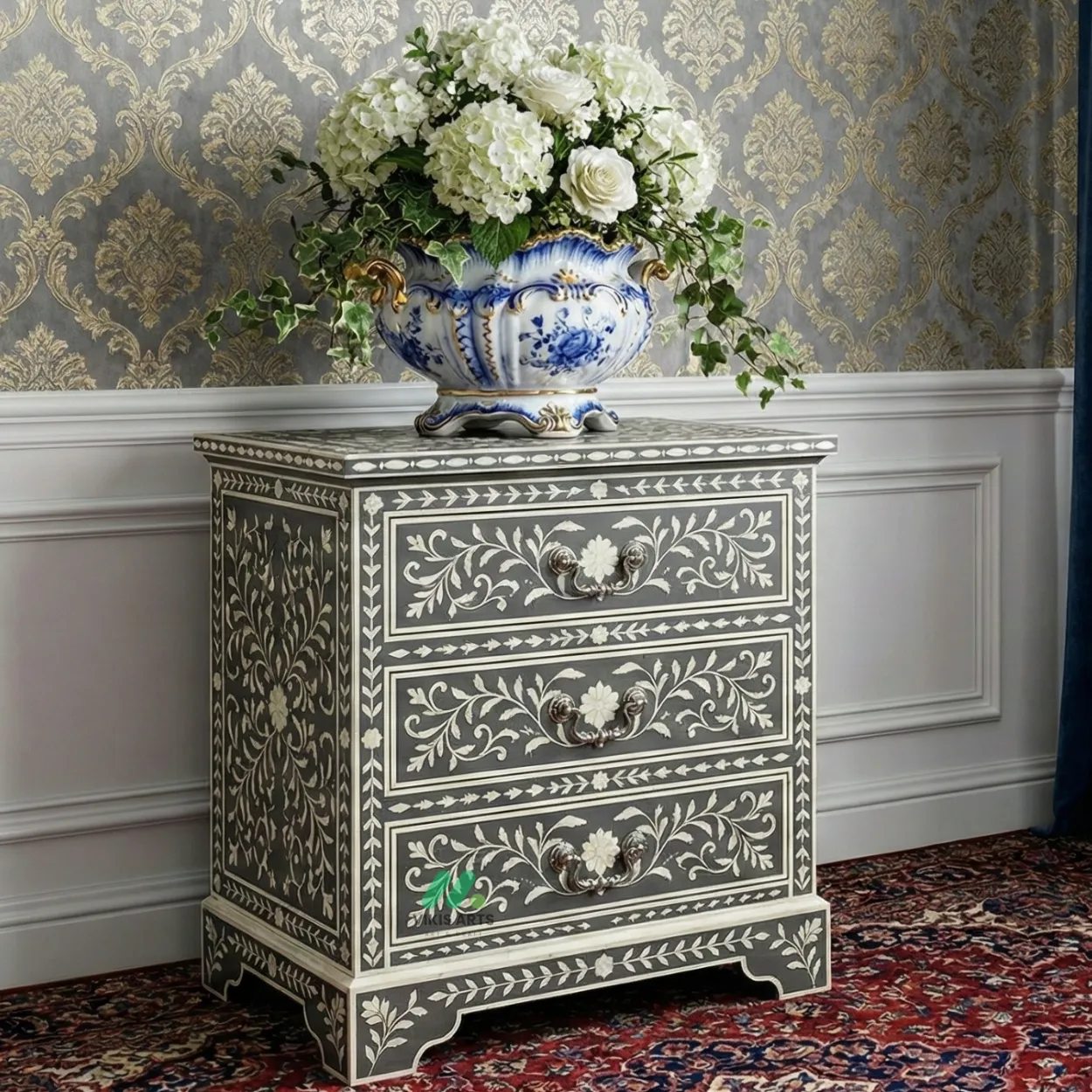 Bone Inlay Grey Bedside Table with 3 Drawer