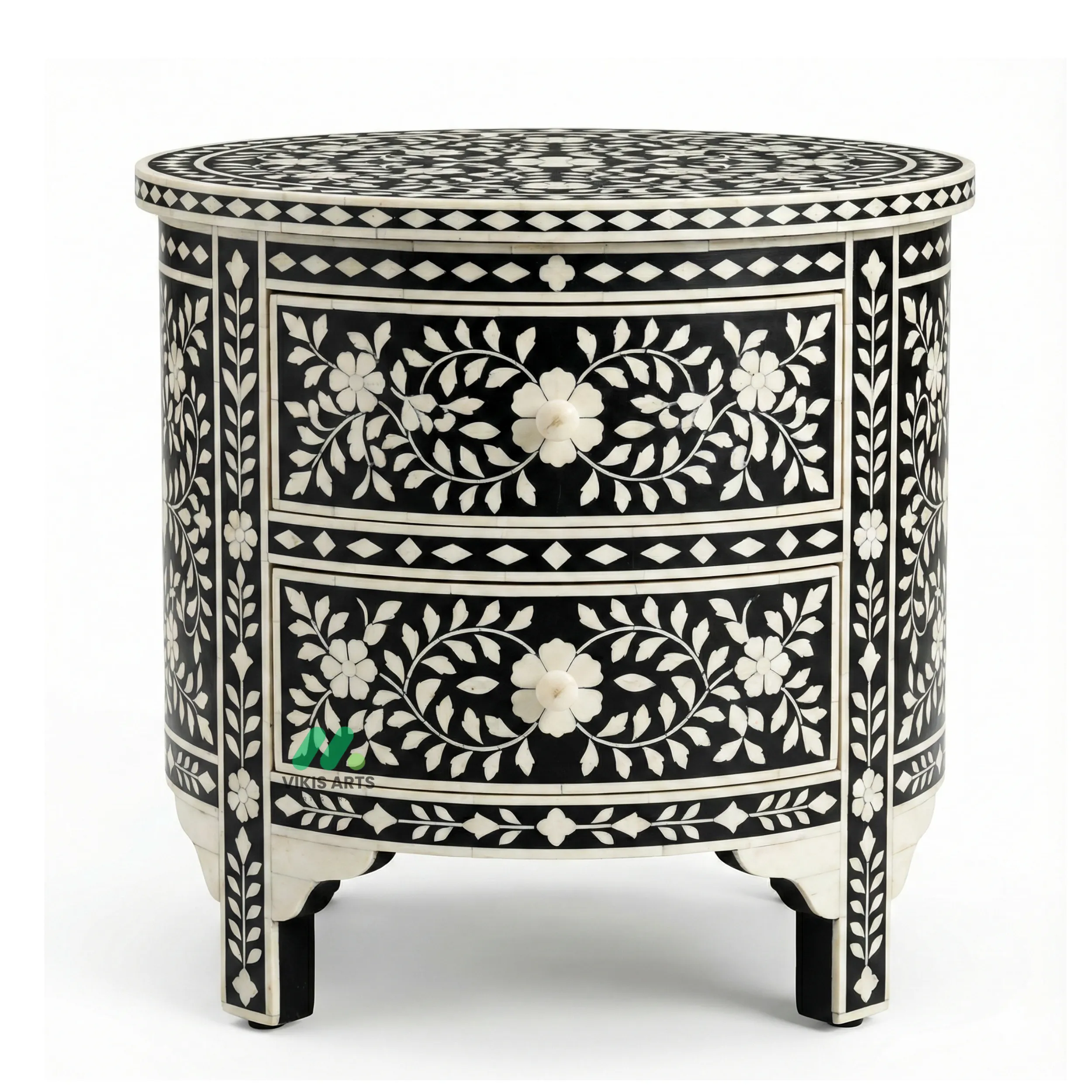 Bone Inlay Black Round Bedside Table with 2 Drawers