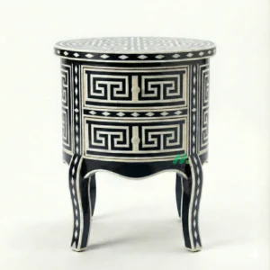 Bone Inlay Black Round Nightstand with 2 Drawers