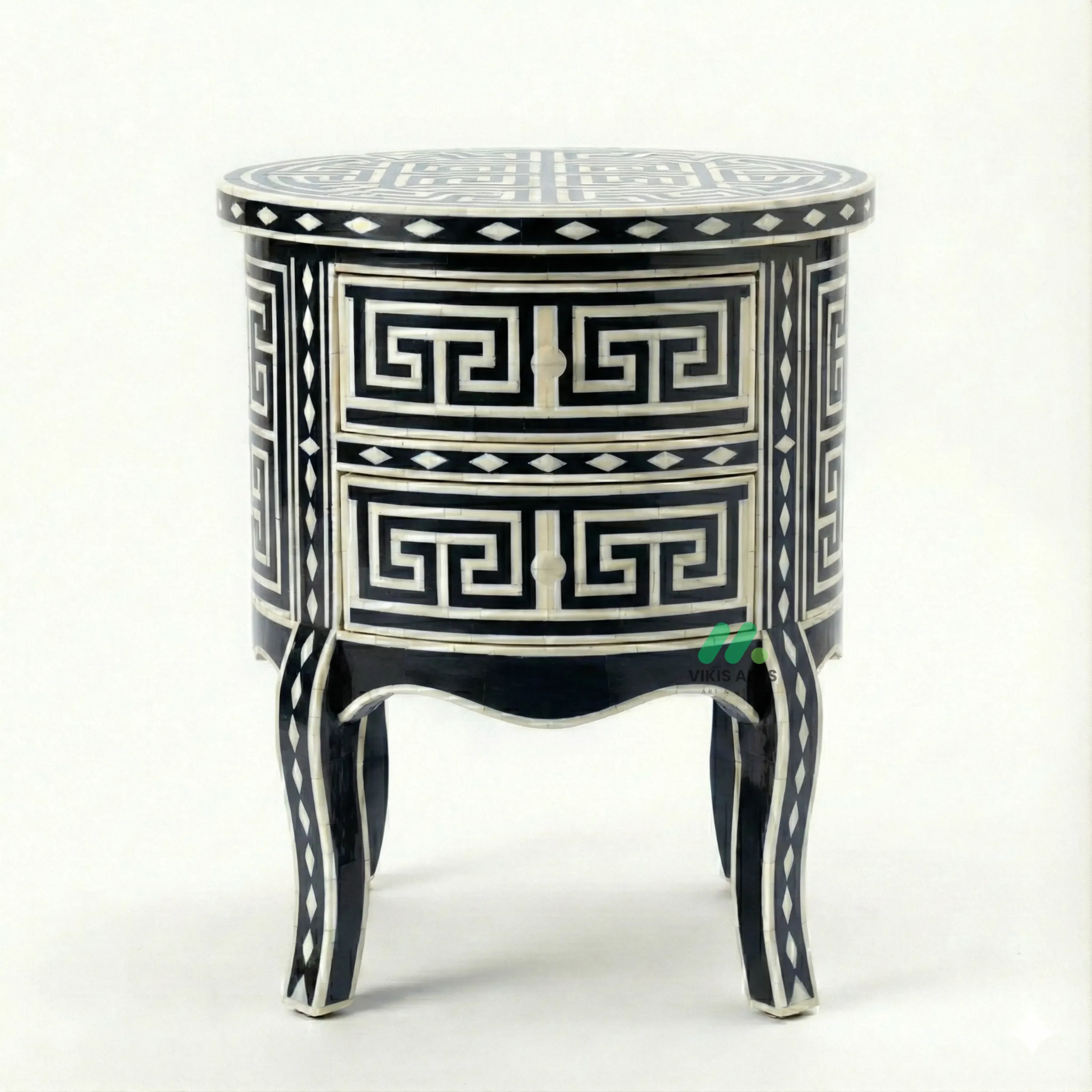 Bone Inlay Black Round Nightstand with 2 Drawers