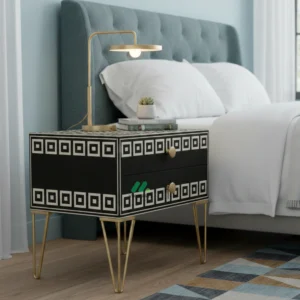 Bone Inlay Black Bedside Table with 2 Drawers