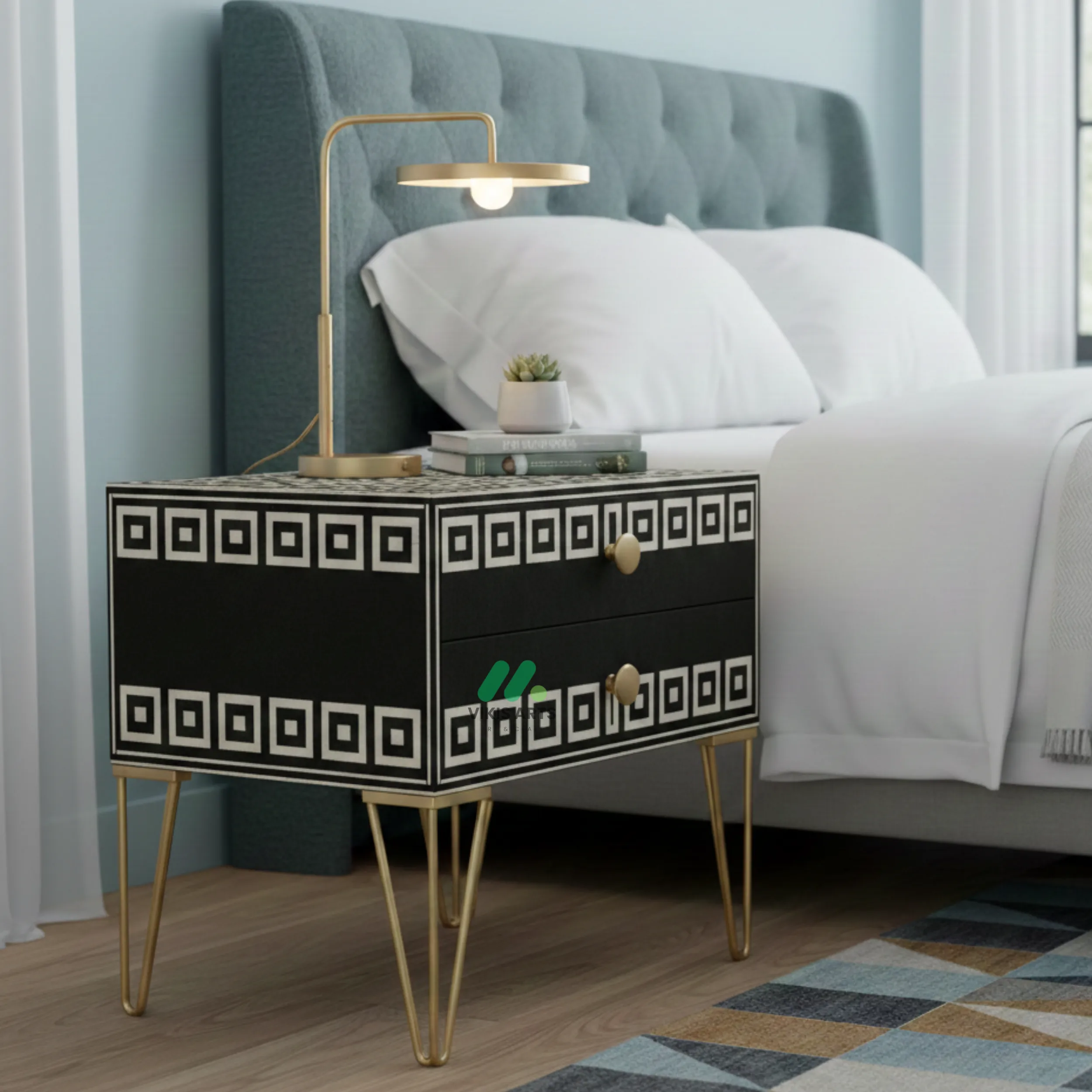Bone Inlay Black Bedside Table with 2 Drawers