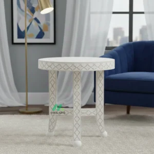 Bone Inlay White Round Bedside Table
