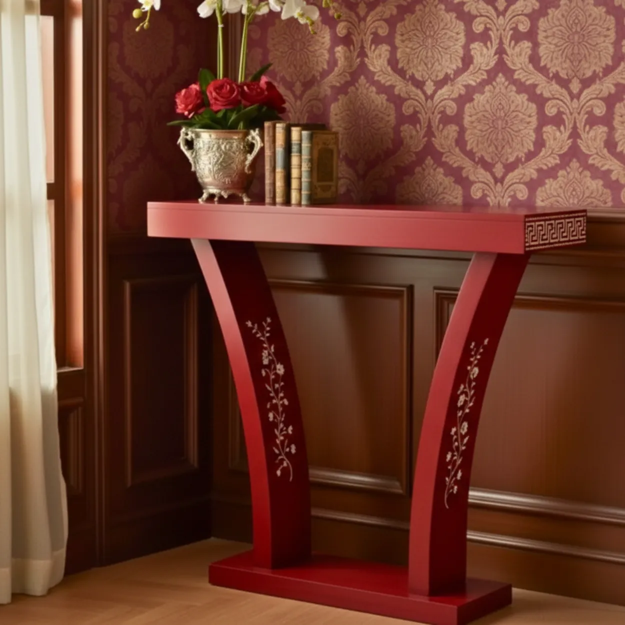 Bone Inlay Red Console Table - Image 2
