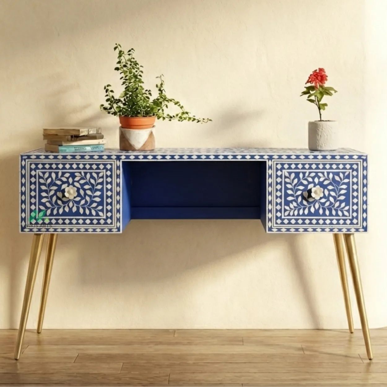 Mother of Pearl Blue Study Table with 2 drawer