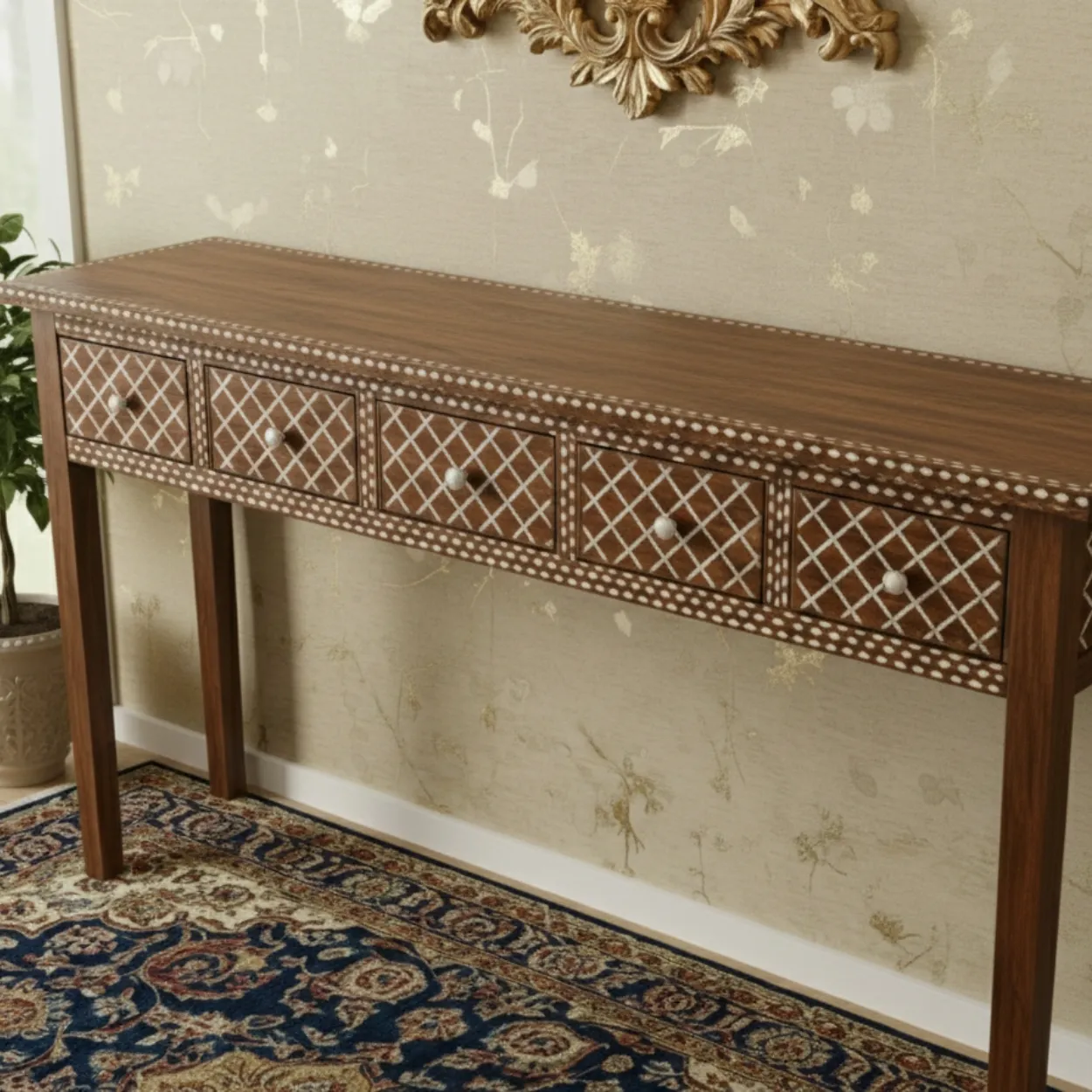Bone Inlay Wooden Console Table - Image 3