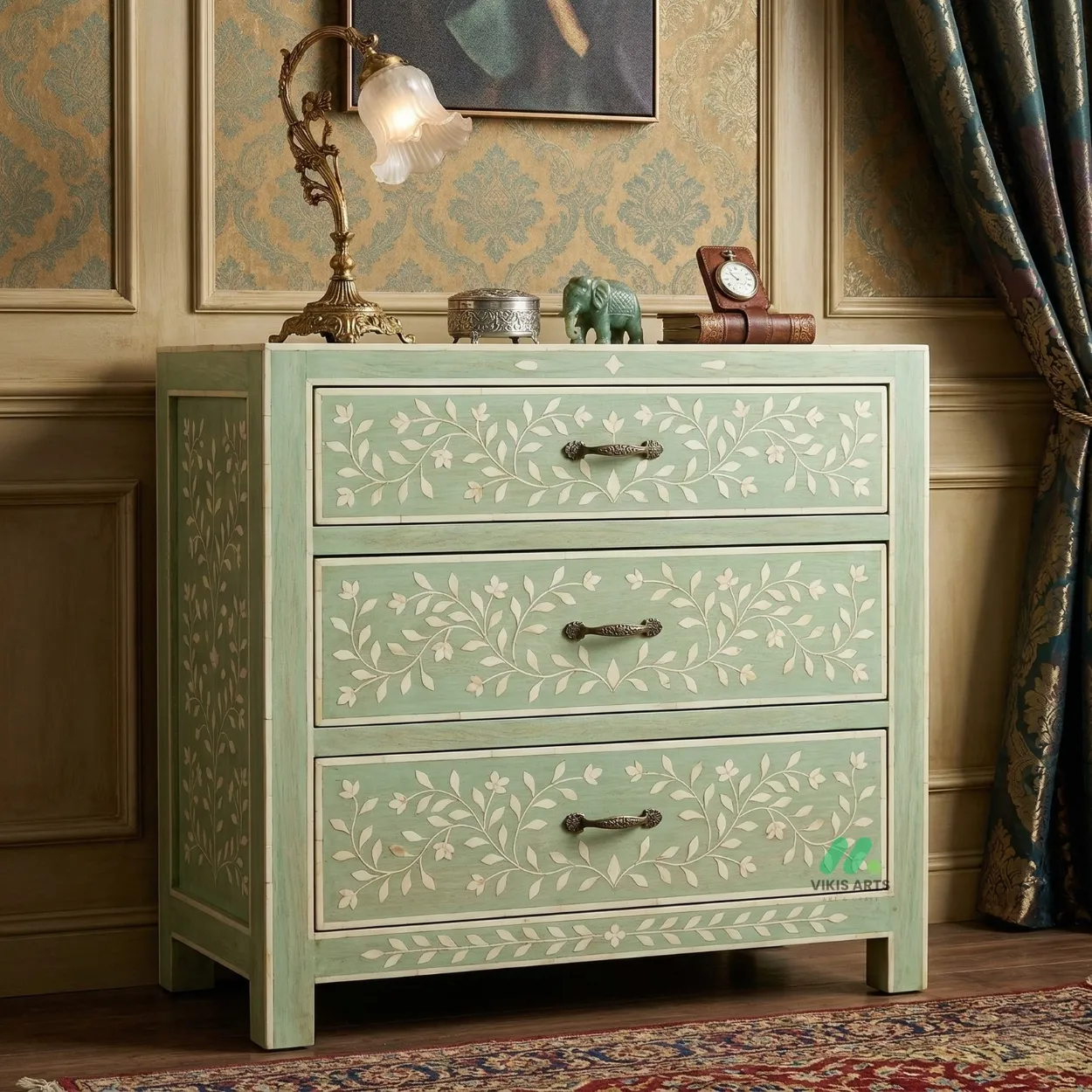 Bone Inlay Light Green 3 Chest of Drawer