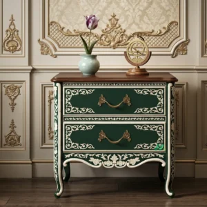 Bone Inlay Black Round Bedside Table with 2 Drawer