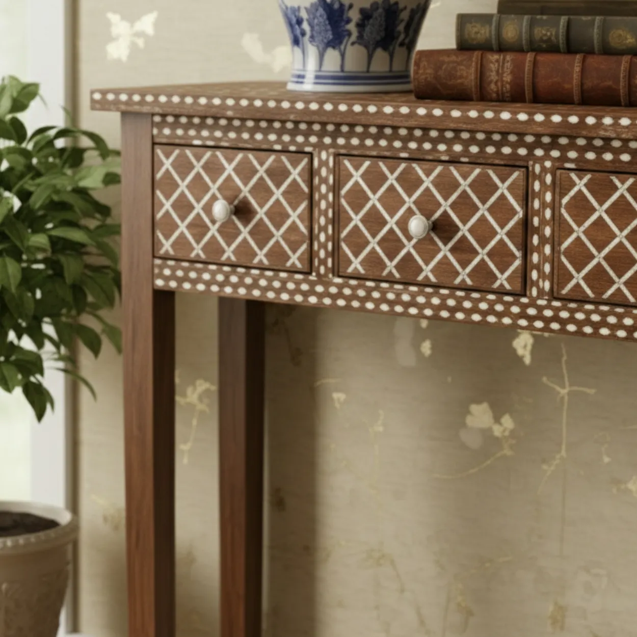 Bone Inlay Wooden Console Table - Image 5